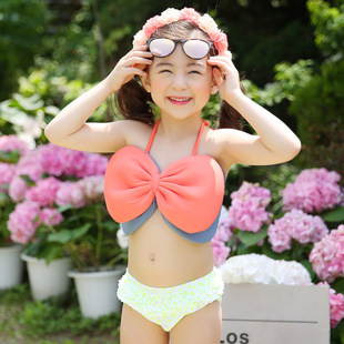 韩版儿童泳衣可爱蝴蝶结比基尼分体泳衣三件套游泳衣+帽一件代发