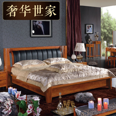 现代新中式实木床橡木床1.5米1.8米特价双人床皮床高箱床A01