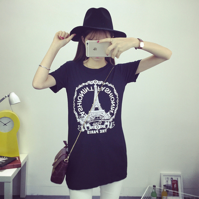2016韩版大码女装中长款铁塔卡通印花短袖女T恤潮