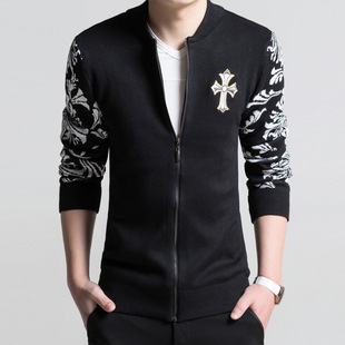 2016男士夹克外套纯棉印花韩版修身立领针织衫男装衣服青少年流行