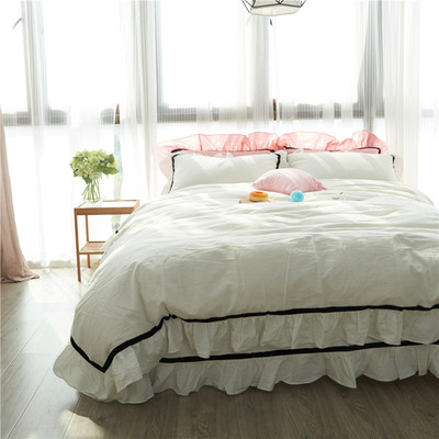 韩版公主风全棉甜美风四件套被套花边水洗棉纯素色4件套床上用品