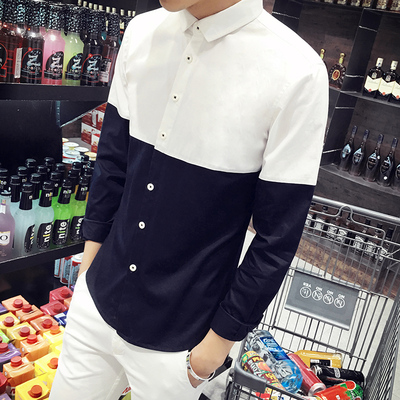 2016秋季新韩版修身型长袖衬衫男士大码拼接条纹薄款青年商务衬衣