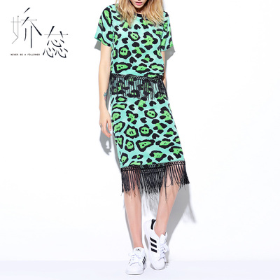 娇蕊2016夏装新品女装 绿色豹纹真丝印花两件套 气质上衣半裙套装
