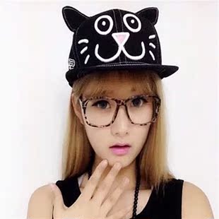 韩国新品帽子卖萌卡通刺绣小花猫咪耳朵嘻哈帽韩版平沿棒球帽子女