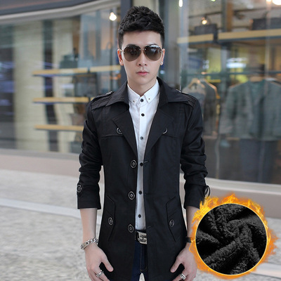 冬季韩版男士风衣外套 韩版加绒加厚保暖大衣 青年中长款外套潮流