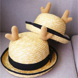 亲子帽子 母子 母女 夏季出游防晒遮阳 麋鹿耳朵可爱日系卷边草帽