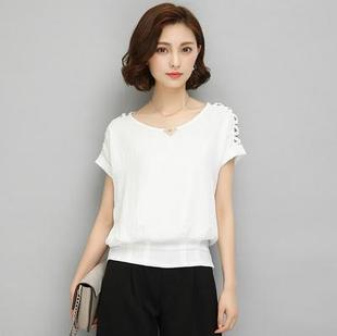 2016白色雪纺衫短袖女士夏季韩版宽松显瘦上衣装新款大码短款小衫