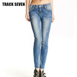 TRACK SEVEN欧州站女装新款修身塑形弹力破洞牛仔长裤小脚铅笔裤
