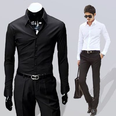 男士青年纯秋长袖绅士商务衬衫衬衣纯黑白色职业装韩版修身型潮