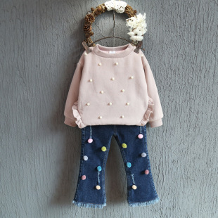 女宝宝卫衣2016秋季新款韩版中小女童甜美珍珠木耳边圆领卫衣