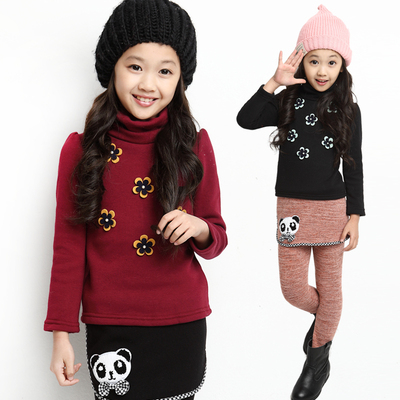 童装女童秋冬款中大童花朵加绒打底衫韩版高领儿童加厚T恤