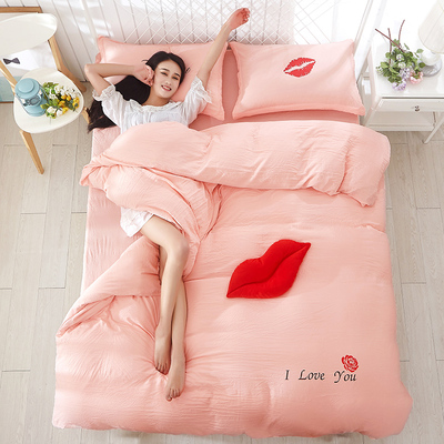 纯色简约水洗棉四件套裸睡亲肤2.0床泡泡纱单双被套床单1.8米床品