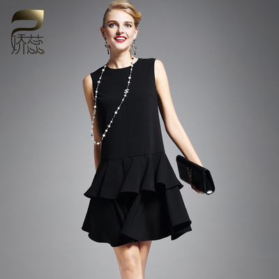 娇蕊2015秋装新品女装 无袖修身显瘦气质优雅褶皱黑色连衣裙