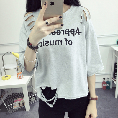 2016韩国风格BF潮流夏季字母印花大码宽松女学生袖边破洞短袖T恤