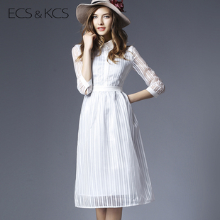 伊丝卡丝 2015春夏装新款白色欧根纱条纹中长款七分袖连衣裙女裙