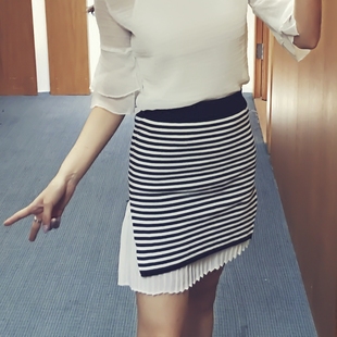 新款韩版包臀裙针织雪纺拼色半身裙时尚高腰一步裙性感显瘦包裙