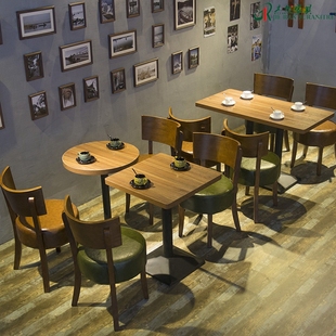 简约奶茶店甜品店咖啡厅西餐桌椅组合 咖啡桌茶餐厅实木圆椅 复古