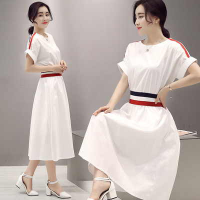 欧洲站2016夏季新款女装韩版时尚修身短袖纯色收腰显瘦雪纺连衣裙