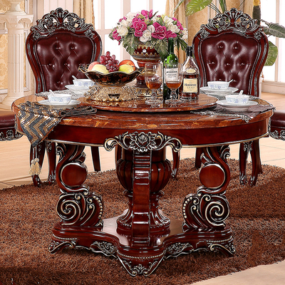 大理石餐桌 欧式圆桌 实木餐桌椅组合西式饭桌 美式带转盘大圆桌