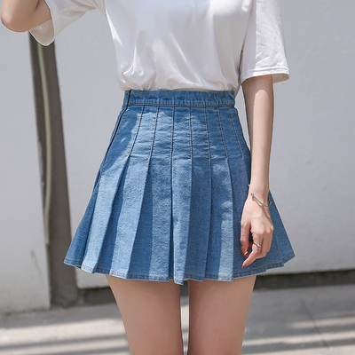 丢仔搭配 17夏日韩国学生街拍牛仔半身裙学院显瘦百褶A型短裙女装