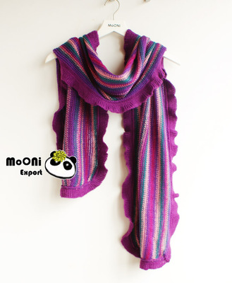 欧美围巾 紫色渐变多色条纹大蝴蝶结边手工针织特色围巾