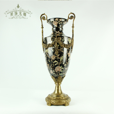 欧美式陶瓷配铜花瓶花插大摆件复古客厅卧室家居软装工艺品摆件