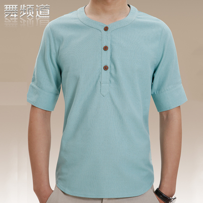 舞频道 夏季中国风圆领男式亚麻短袖男T恤休闲男装加大码棉麻T恤