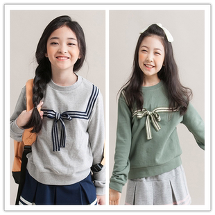 韩国正品进口代购2016秋儿童中大童学生T恤蝴蝶结学院风长袖T外套