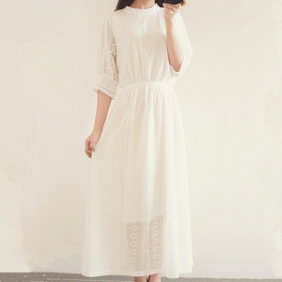 韩国复古镂空夏季气质蕾丝连衣裙修身显瘦白裙子仙女收腰甜美长裙