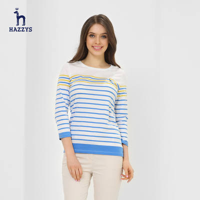 Hazzys哈吉斯2015秋季新品女装七分袖T恤 女士圆领条纹纯棉上衣