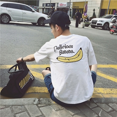 郑先生夏季新款香蕉图案纯色小清晰薄体恤百搭韩版潮流短袖T恤 男