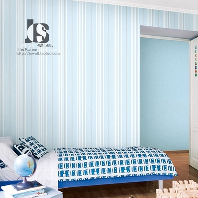 韩国进口纯纸壁纸 蓝色绿色竖条纹儿童房卧室墙纸 环保健康无甲醛