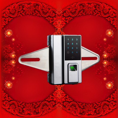 中国结玻璃门双开指纹锁电子锁密码锁带考勤办公智能锁免开孔单开