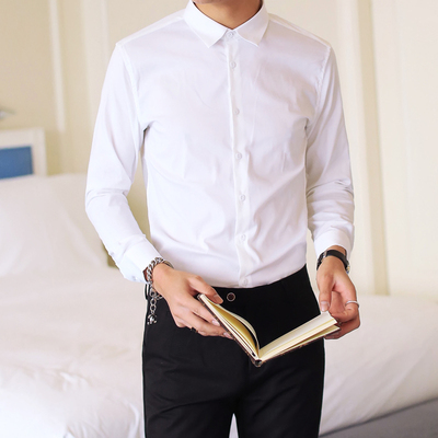 英伦男士春季新款白色衬衣韩版修身型商务休闲免烫长袖衬衫纯色潮