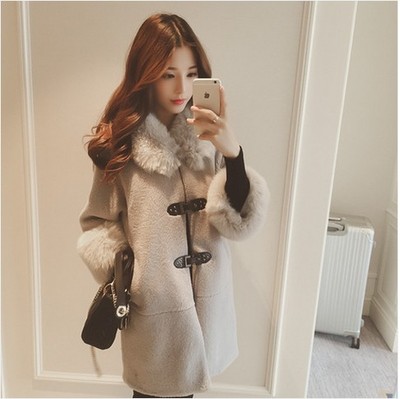2016冬季新款韩版羊羔毛拼接毛领单排扣修身中长款夹棉毛呢外套
