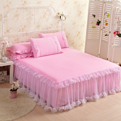 夏秋荷叶边床裙单件韩版素色公主床罩纯棉蕾丝床单床垫保护罩特价