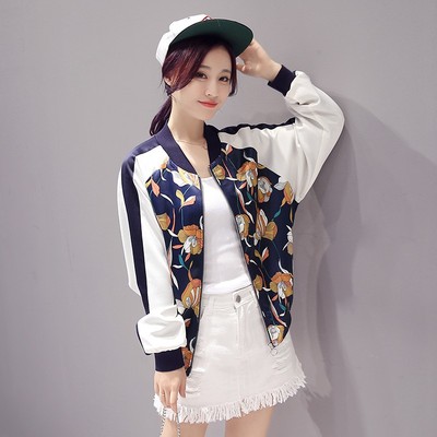 韩版印花棒球衫短外套女长袖缎面宽松运动外套上衣秋季新款