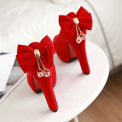 2017春季新款婚礼新娘鞋性感蝴蝶结粗跟单鞋超高跟女鞋红色结婚鞋
