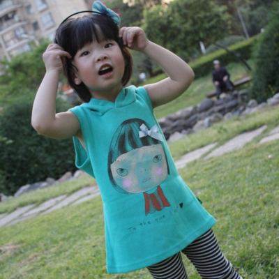 韩国正品童装2015春秋装儿童T恤女童套头连帽上衣长款无袖卫衣棉