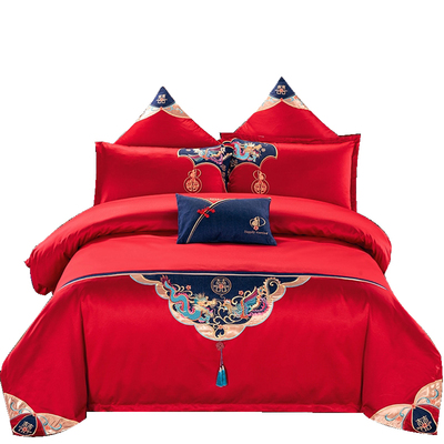 春秋婚庆大红色全棉贡缎提花四件套床盖床罩结婚用八件套新款床品