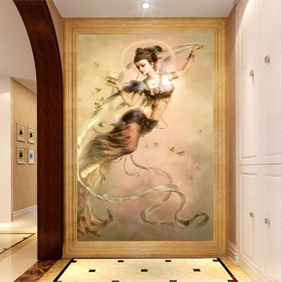3D立体玄关壁纸 走廊走道墙纸大型壁画现代中式竖版屏风飞天女