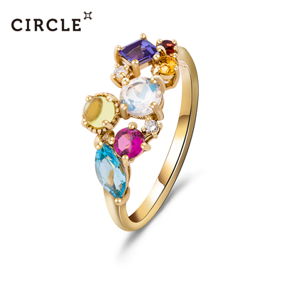 Circle珠宝 天然彩宝戒指18k黄金镶嵌碧玺托帕石戒指 正品女