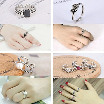 韩版S925纯银复古泰银做旧戒指简约个性开口锆石珍珠指环防过敏