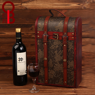 包邮复古黑葡萄立式双支木盒皮质盒子送礼高档红酒盒红酒包装礼盒