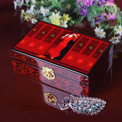 晋元恒新古典木质彩绘大号首饰盒中国特色高档礼物结婚饰品盒带锁