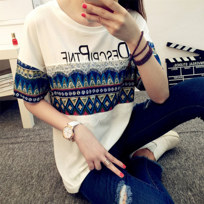 2015春夏新款 韩版女装宽松套头蕾丝印花短袖T恤女潮字母体恤