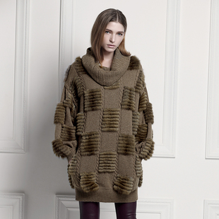 新品限量疯抢2016意大利设计紫貂割条拼羊绒中长款套头外套L042
