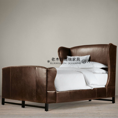 现货美式简约后现代中式皮艺床 欧式有床尾双人床 样板房卧室家具