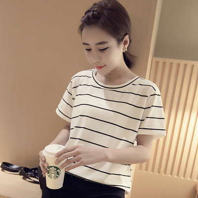 2016新款 T恤常规韩版条纹打底恤衫显瘦 女人圆领短袖修身休闲