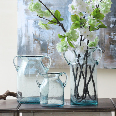 浅蓝色蓝色双耳气泡透明玻璃花瓶美式客厅家居水培花器